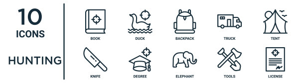 狩猎大纲图标集包括细线书，背包，帐篷，学位，工具，许可证，刀图标报告，演示文稿，图表，网页设计图片下载