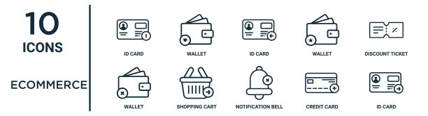 电子商务大纲图标集包括细线id卡，id卡，折扣票，购物车，信用卡，id钱包图标的报告，演示，图表，网页设计图片下载