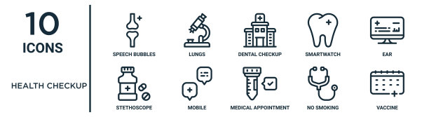 健康检查大纲图标集包括细线语音气泡，牙科检查，耳朵，移动，禁止吸烟，疫苗，听诊器图标报告，演示，图表，网页设计图片下载