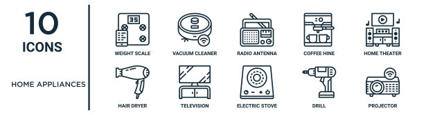 家用电器轮廓图标集包括细线重量秤，无线电天线，家庭影院，电视，钻，投影仪，吹风机图标的报告，演示，图表，网页设计图片下载