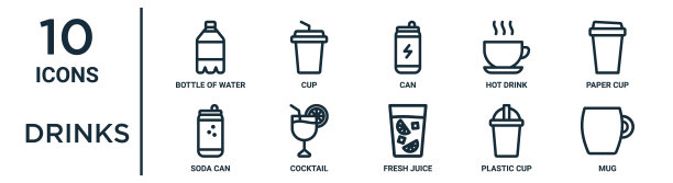 饮料轮廓图标集包括细线瓶水，可以，纸杯，鸡尾酒，塑料杯，马克杯，汽水罐图标报告，演示，图表，网页设计图片下载