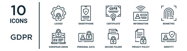 GDPR概要图标集包括细线锁定，证书，生物特征，个人数据，隐私政策，身份，欧盟图标报告，演示，图表，网页设计图片下载