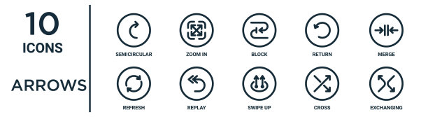 箭头轮廓图标集包括细线半圆形，块，合并，重放，交叉，交换，刷新图标的报告，演示，图表，网页设计图片下载