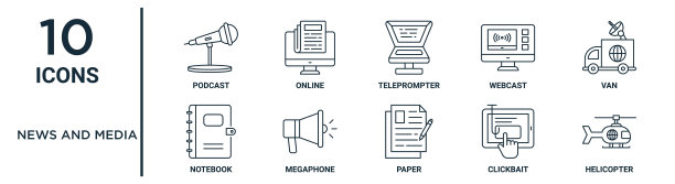 新闻和媒体大纲图标集包括细线播客，提词器，面包车，扩音器，标题党，直升机，笔记本电脑图标的报告，演示，图表，网页设计图片下载