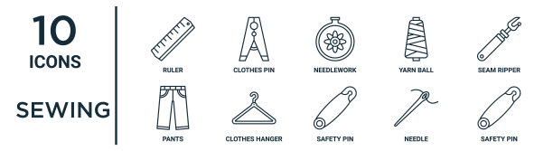 缝纫轮廓图标集包括细线尺，针线，缝开膛手，衣架，针，安全别针，裤子图标的报告，演示，图表，网页设计图片下载
