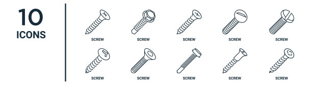 轮廓图标集包括细线螺丝，螺丝，螺丝，图标报告，演示文稿，图表，网页设计图片下载