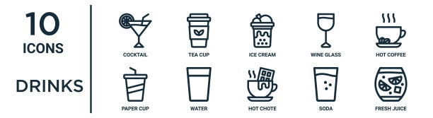 饮料轮廓图标集包括细线鸡尾酒，冰淇淋，热咖啡，水，苏打水，新鲜果汁，纸杯图标的报告，演示，图表，网页设计图片下载