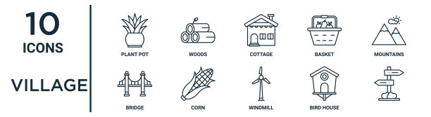 村庄轮廓图标集包括细线花盆，小屋，山，玉米，鸟屋，桥图标报告，演示，图表，网页设计图片下载