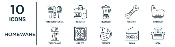 家庭用品轮廓图标集包括细线厨房用具，搅拌机，浴缸，地毯，收音机，沙发，台灯图标报告，演示，图表，网页设计图片下载