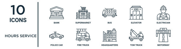 小时服务大纲图标集包括细线银行，公共汽车，电工，消防车，拖车，高速公路，警车图标报告，演示，图表，网页设计图片下载