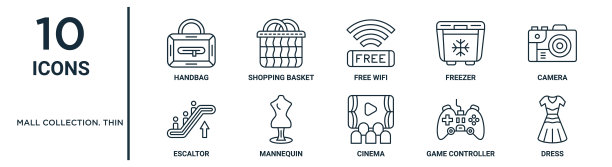 购物中心集合。细轮廓图标集包括细线手提包，免费wifi，相机，人体模型，游戏控制器，连衣裙，扶梯图标的报告，演示，图表，网页设计图片下载