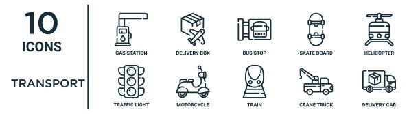 交通轮廓图标集包括细线加油站，公交车站，直升机，摩托车，吊车，送货车，红绿灯图标的报告，演示，图表，网页设计图片下载