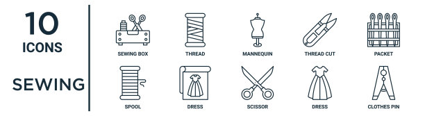缝纫轮廓图标集包括细线缝纫盒，人体模型，包，礼服，礼服，衣服针，线轴图标的报告，演示，图表，网页设计图片下载