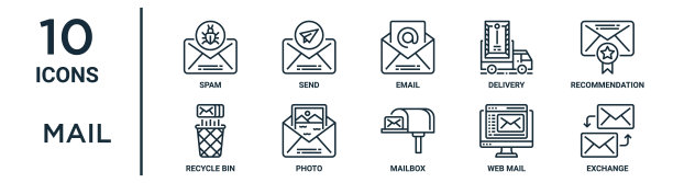 邮件大纲图标集包括细线垃圾邮件，电子邮件，推荐，照片，web邮件，交换，回收站图标的报告，演示文稿，图表，网页设计图片下载