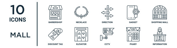 商场轮廓图标集包括细线理发店，方向，商场，电梯，法里，信息，折扣标签图标的报告，演示，图表，网页设计图片下载