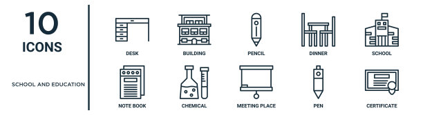 学校和教育大纲图标集包括细线桌子，铅笔，学校，化学，钢笔，证书，笔记本图标的报告，演示，图表，网页设计图片下载