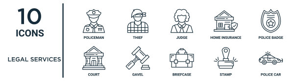 法律服务大纲图标集包括细线警察，法官，警察徽章，木槌，邮票，警车，法院图标报告，演示，图表，网页设计图片下载