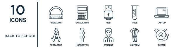 回到学校大纲图标集包括细线主角，usb，笔记本电脑，跳房子，制服，蜂鸣器，主角图标的报告，演示文稿，图表，网页设计图片下载