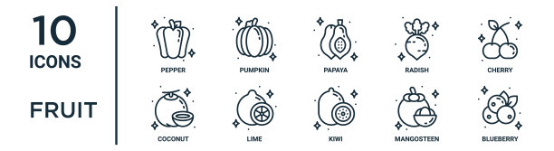 水果轮廓图标集包括细线辣椒，木瓜，樱桃，酸橙，山竹，蓝莓，椰子图标报告，演示，图表，网页设计图片下载