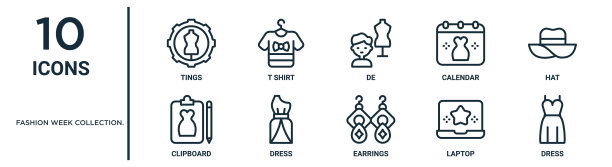 时装周系列。大纲图标集包括细线件，de，帽子，礼服，笔记本电脑，礼服，剪贴板图标的报告，演示文稿，图表，网页设计图片下载