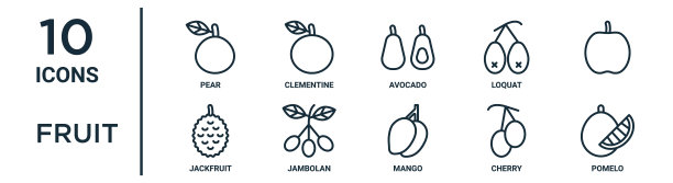 水果轮廓图标集包括细线梨，鳄梨，，jambolan，樱桃，柚子，菠萝蜜图标的报告，演示，图表，网页设计图片下载