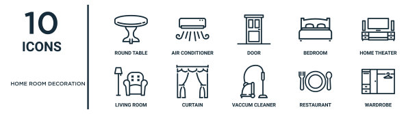 家庭房间装饰轮廓图标集包括细线圆桌，门，家庭影院，窗帘，餐厅，衣柜，客厅图标报告，演示，图表，网页设计图片下载