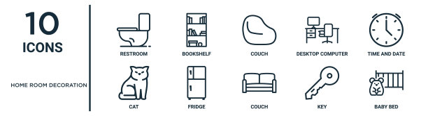 家庭房间装饰轮廓图标集包括细线卫生间，沙发，时间和日期，冰箱，钥匙，婴儿床，猫图标的报告，演示，图表，网页设计图片下载