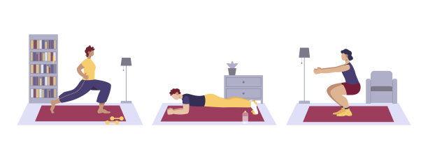 一套卡通人物的年轻人在运动服做运动在家里图片下载