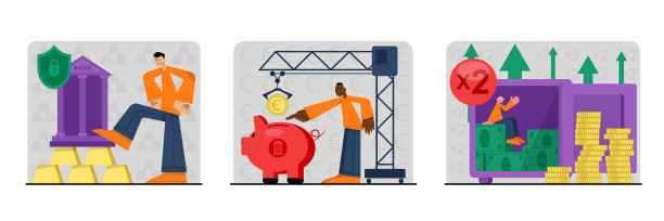 一组年轻人在银行投资赚钱的卡通人物图片下载