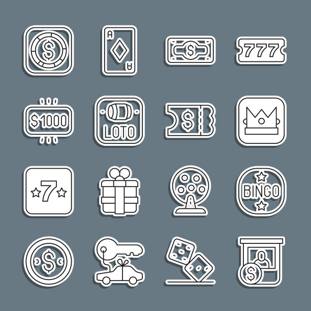 集行赌场筹码交换，宾果，国王打牌，堆叠纸币现金，彩票，奖金赌场，硬币与美元和图标。向量图片下载