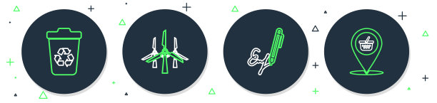 设置线风力涡轮机，签名，回收与回收和位置购物篮图标。向量图片下载