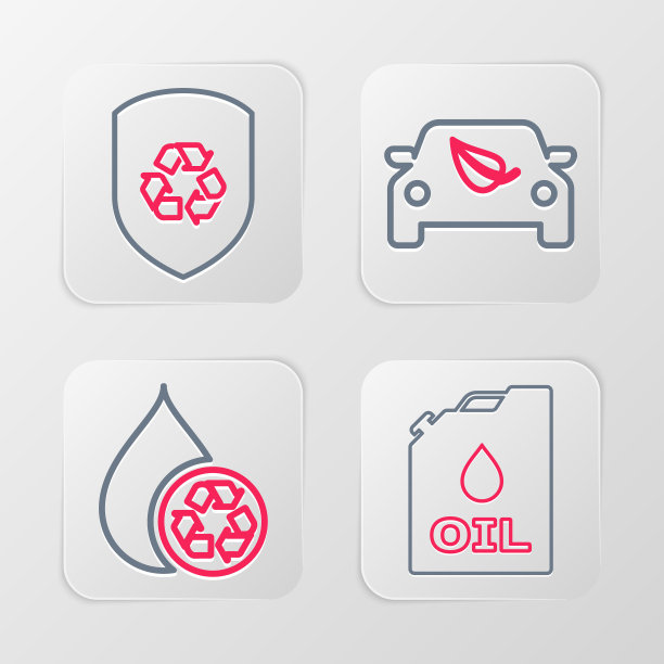 设置线罐机油，循环清洁水，环保汽车驱动与叶片和内盾图标。向量图片下载