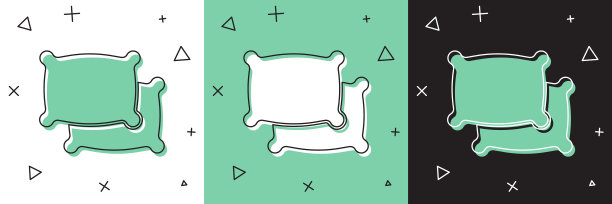 设置矩形枕头图标孤立在白色和绿色，黑色背景。缓解的迹象。向量图片下载