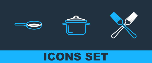 设置线交叉叉，煎锅和烹饪锅图标。向量图片下载