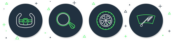 设置线汽车镜子，车轮，运动转向和挡风玻璃雨刷图标。向量图片下载
