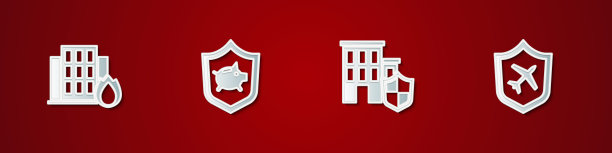 燃烧的房屋中的火灾、带防护罩的储蓄罐、房屋和飞机图标矢量图片下载