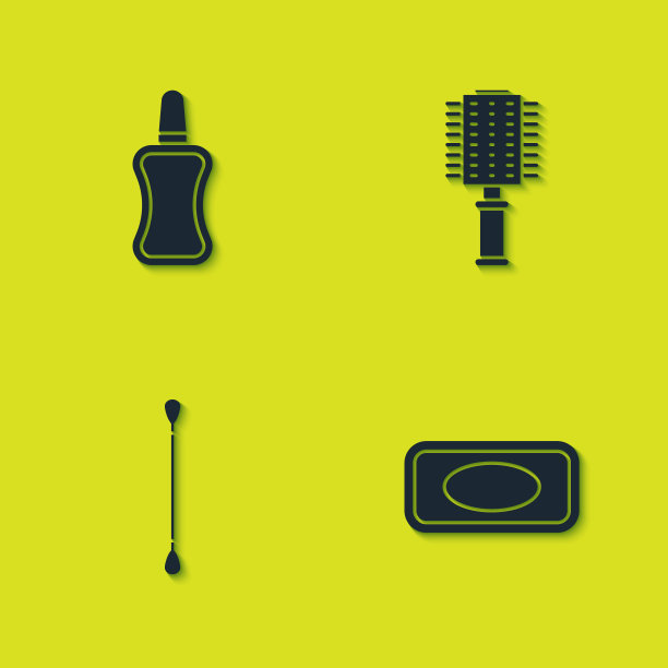 设置指甲油瓶，肥皂条，棉签耳朵和梳子图标。向量图片下载