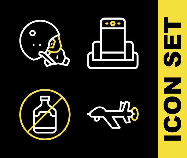 设置线金属探测器在机场，无人机无人机，酒精和现代飞行员头盔图标。向量图片下载