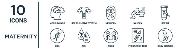 孕妇轮廓图标集包括细线情绪波动，新生儿，精子，rh+，怀孕测试，婴儿淋浴，DNA图标报告，演示，图表，网页设计图片下载