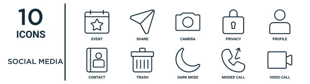 社交媒体大纲图标集包括细线事件，相机，个人资料，垃圾，未接来电，视频通话，联系图标报告，演示文稿，图表，网页设计图片下载