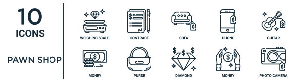 典当行大纲图标集包括细线称重秤，沙发，吉他，钱包，钱，照片相机，钱图标报告，演示，图表，网页设计图片下载
