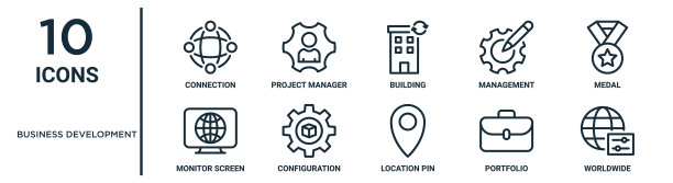 业务开发大纲图标集包括细线连接，建筑，奖章，配置，投资组合，全球，监控屏幕图标的报告，演示文稿，图表，网页设计图片下载
