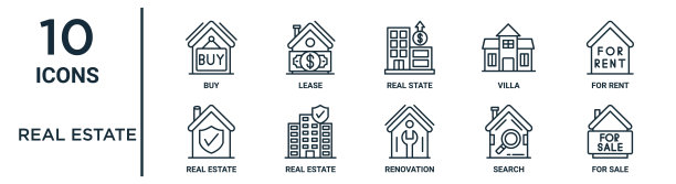 房地产大纲图标集包括细线购买，真实状态，出租，房地产，搜索，出售，房地产图标报告，演示，图表，网页设计图片下载