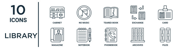 图书馆大纲图标集包括细线柜，撕书，卡片，笔记本，档案，文件，杂志图标报告，演示，图表，网页设计图片下载