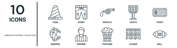 橄榄球装备轮廓图标集：锥、哨子、票、裁判、储物柜、球、护膝图片下载