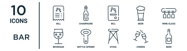 酒吧大纲图标集包括细线账单，账单，酒杯，开瓶器，干杯，啤酒，饮料图标的报告，演示，图表，网页设计图片下载