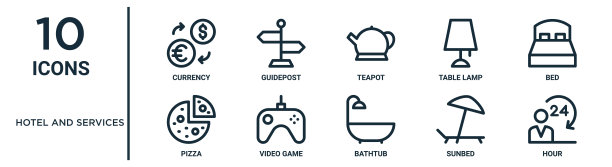 酒店和服务大纲图标集包括细线货币，茶壶，床，视频游戏，日光浴床，小时，披萨图标报告，演示，图表，网页设计图片下载