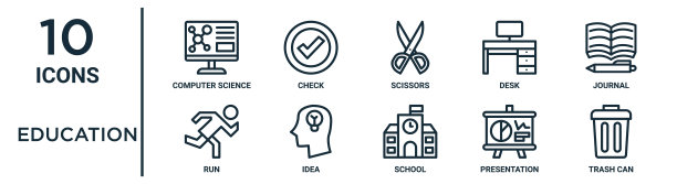 教育大纲图标集包括细线计算机科学，剪刀，期刊，想法，演示，垃圾桶，运行图标的报告，演示，图表，网页设计图片下载