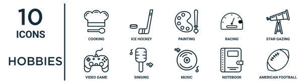 爱好大纲图标集包括细线烹饪，绘画，观星，唱歌，笔记本电脑，美式足球，视频游戏图标报告，演示，图表，网页设计图片下载
