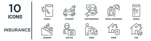 保险大纲图标集包括细线移动，汽车保险，移动，医生，家庭，火灾，滑动图标的报告，演示，图表，网页设计图片下载